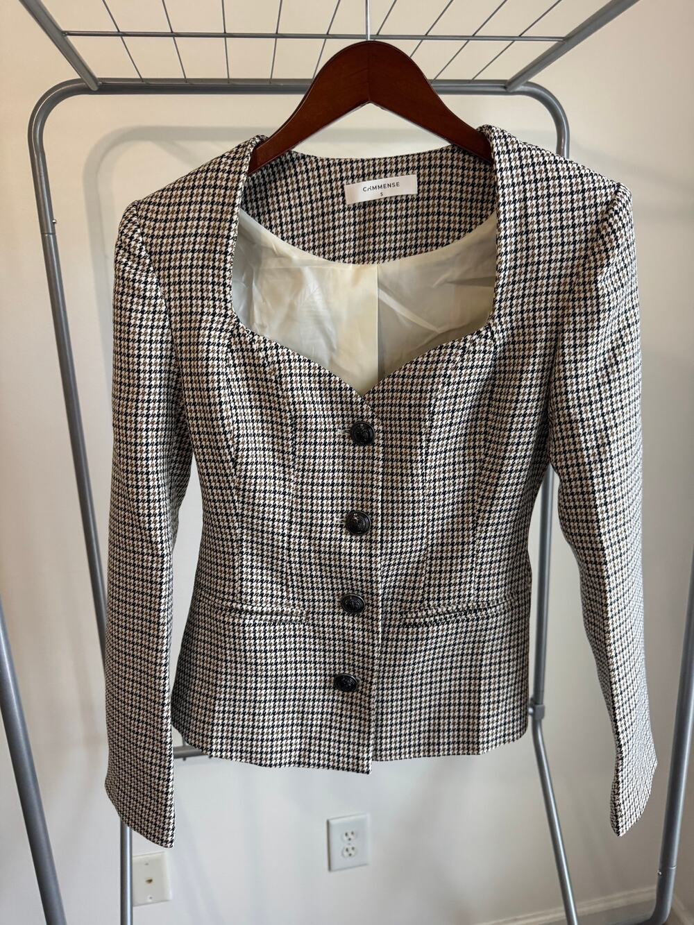 Commense Houndstooth Blazer Jacket S Sweetheart Neck Fitted Brown Black